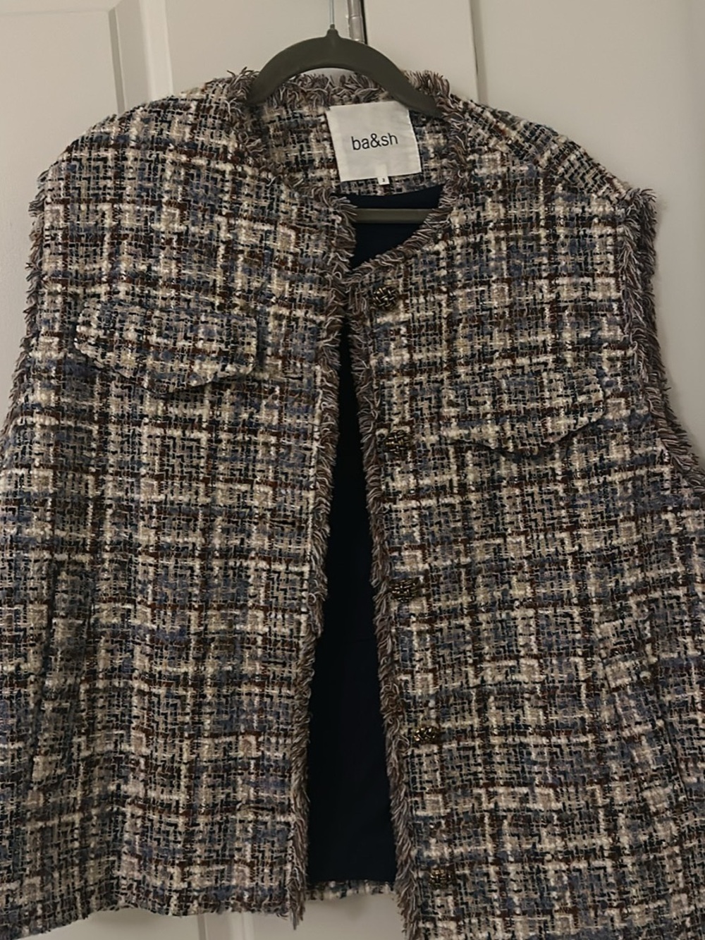 ba&sh Tweed Fringe Sleeveless Jacket in Blue, Brown & Cream